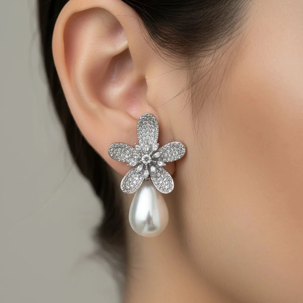 گوشواره زنانه مدل پرلنیا طرح گل جواهری با آویز مروارید اشکی نقره‌ای