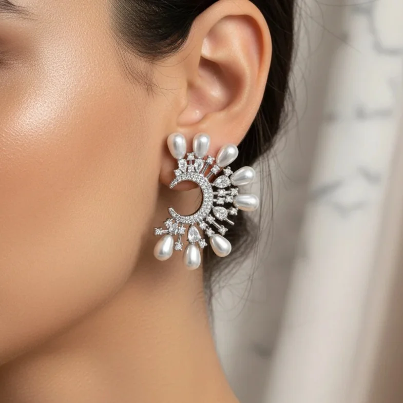 گوشواره زنانه مدل ماه‌دخت طرح جواهری با مروارید