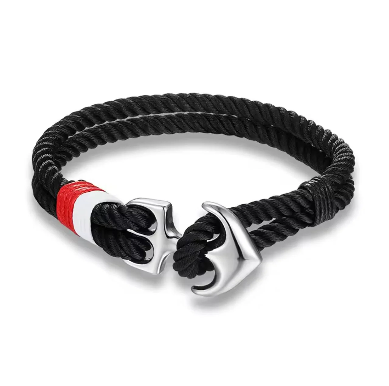دستبند مردانه با طرح لنگر و بافت طنابی مشکی