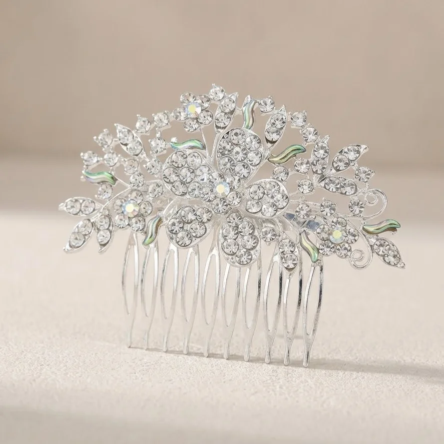 تاج و شانه مو زنانه نگین‌دار مجلسی مدل اِلیورا نقره‌ای