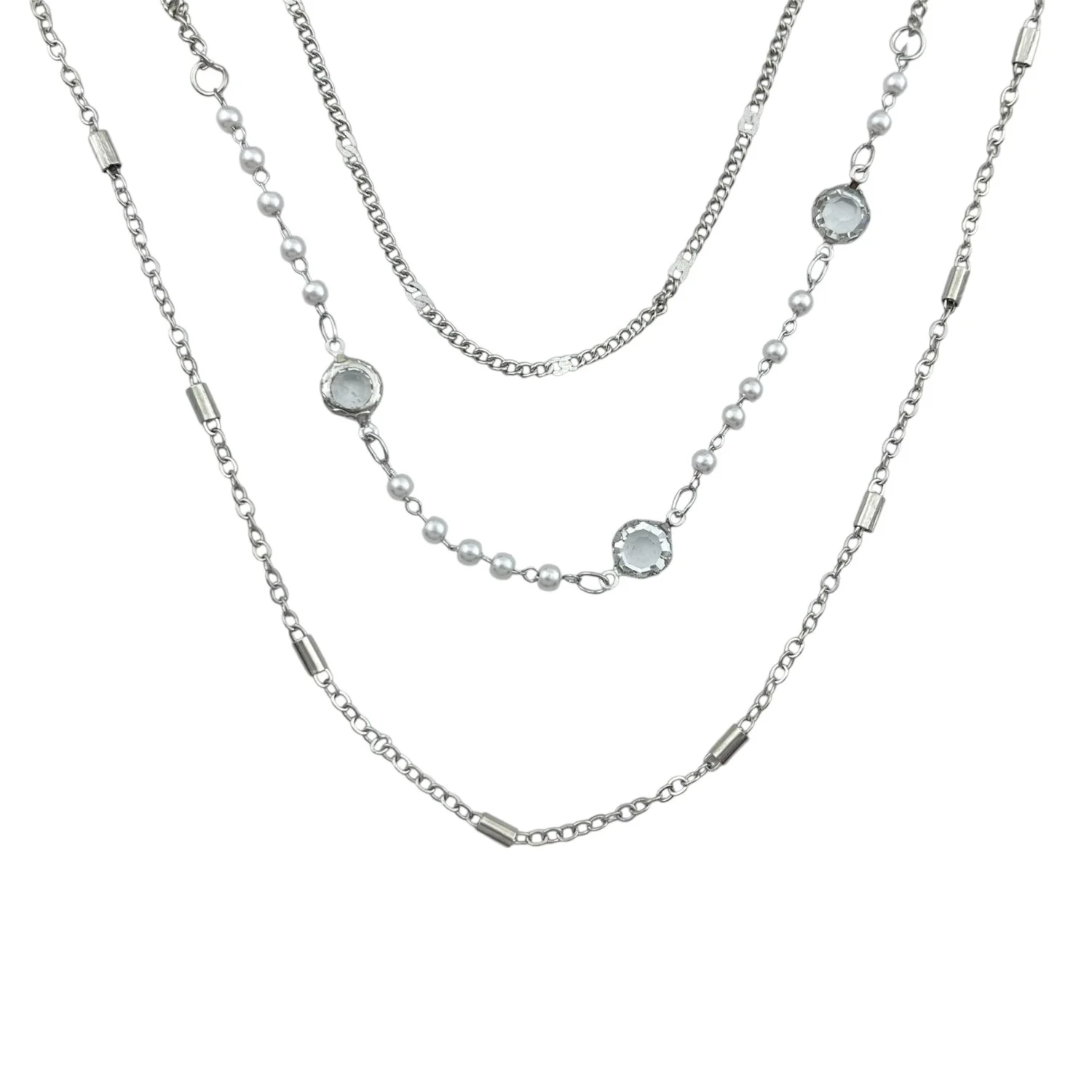 گردنبند زنانه سه لاین با مروارید و زنجیر