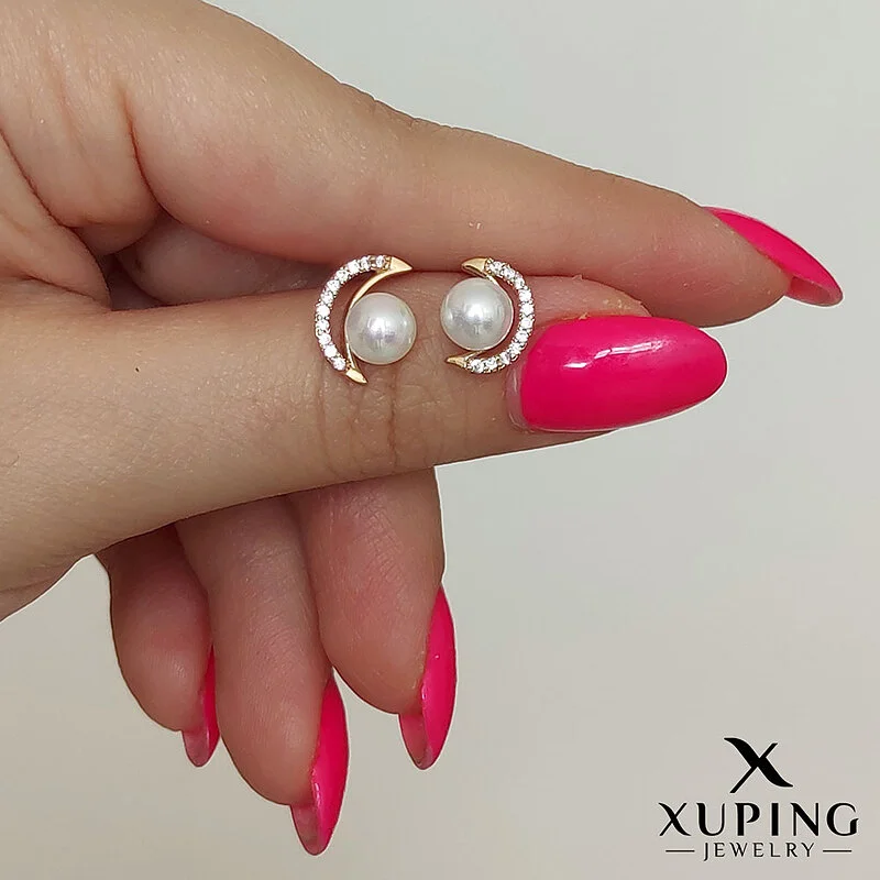 گوشواره سوزنی طرح ماه و مروارید با روکش طلا ژوپینگ