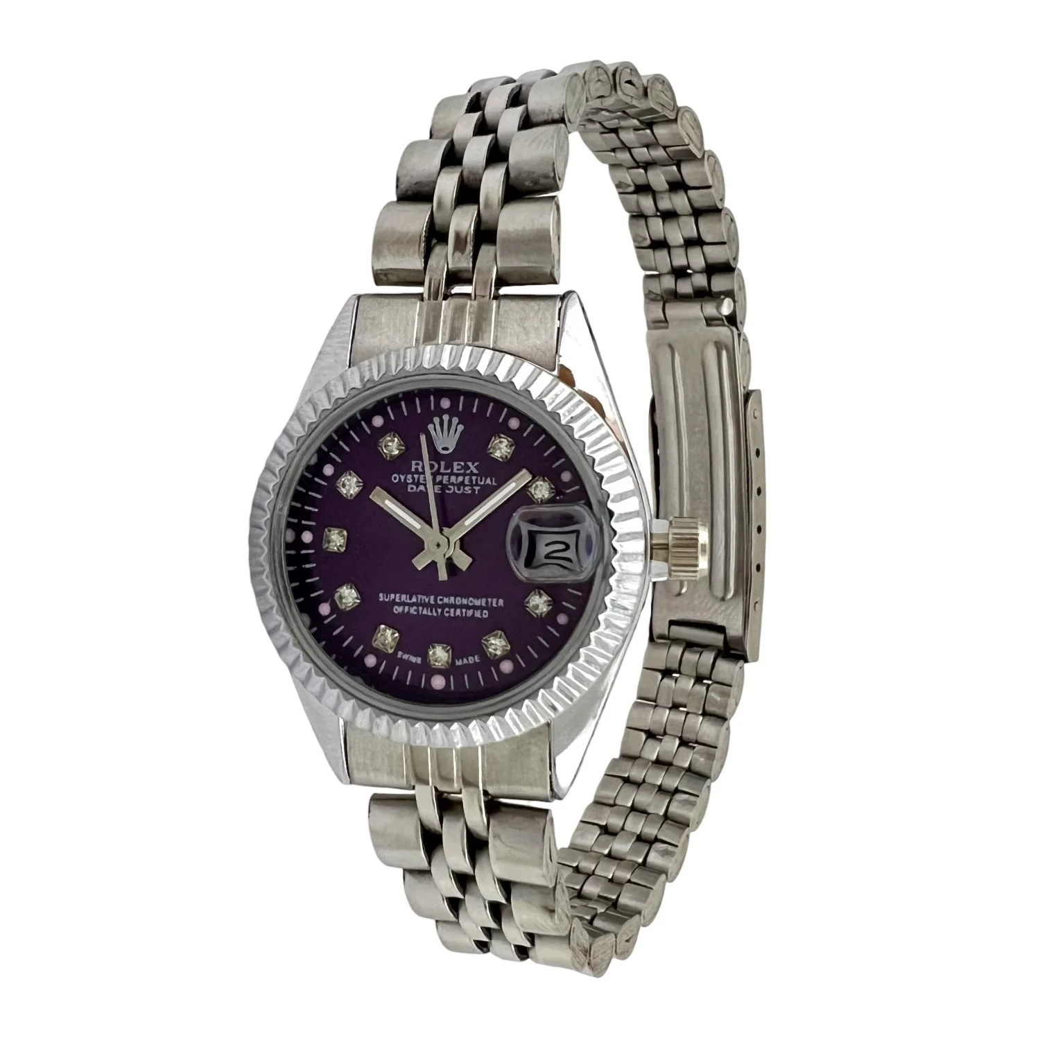 ساعت مچی زنانه طرح Rolex با صفحه بنفش و نگین‌های درخشان