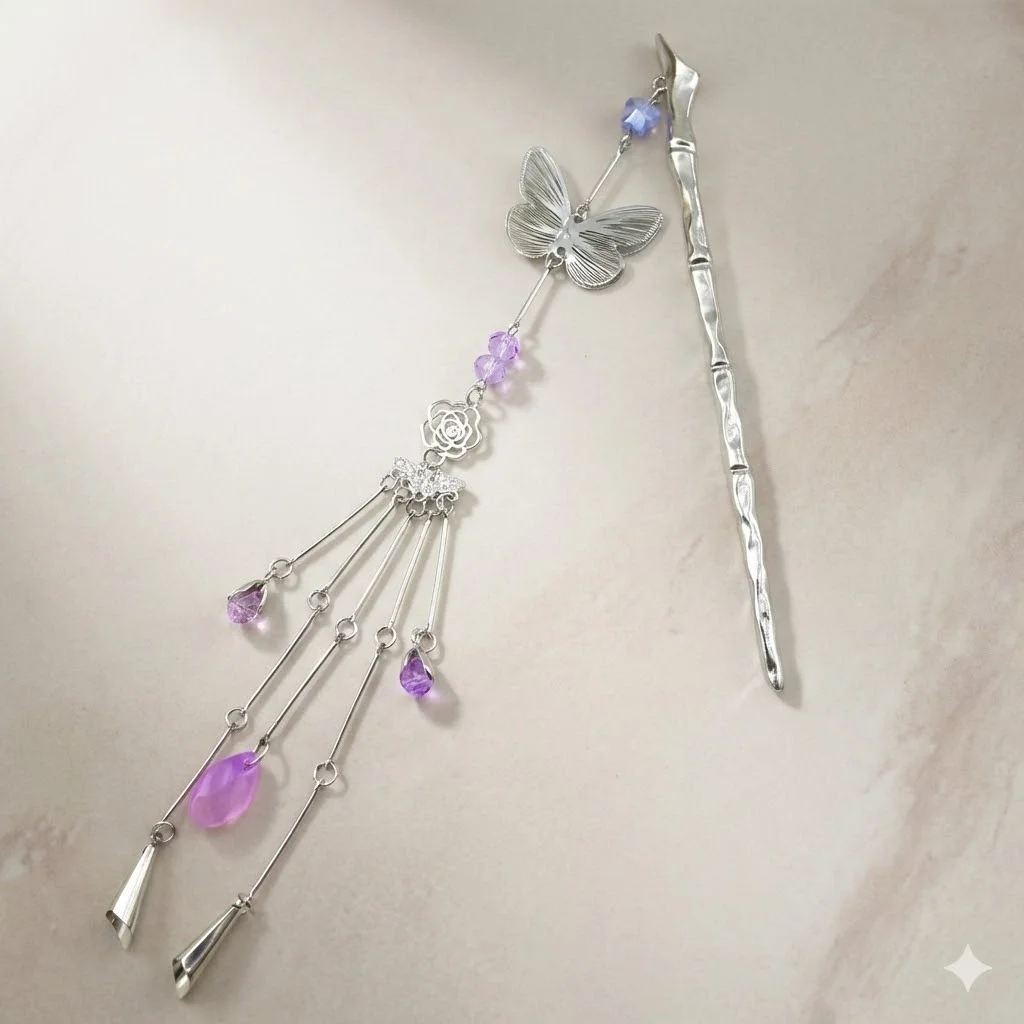 کانزاشی مو زنانه فلزی آویزدار طرح پروانه با کریستال یاسی مدل پاپیلیا