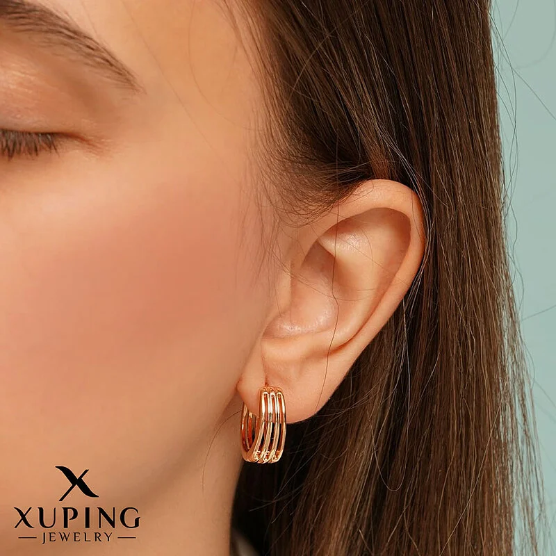 گوشواره حلقه ای مینیمال سه لاین روکش طلا ژوپینگ