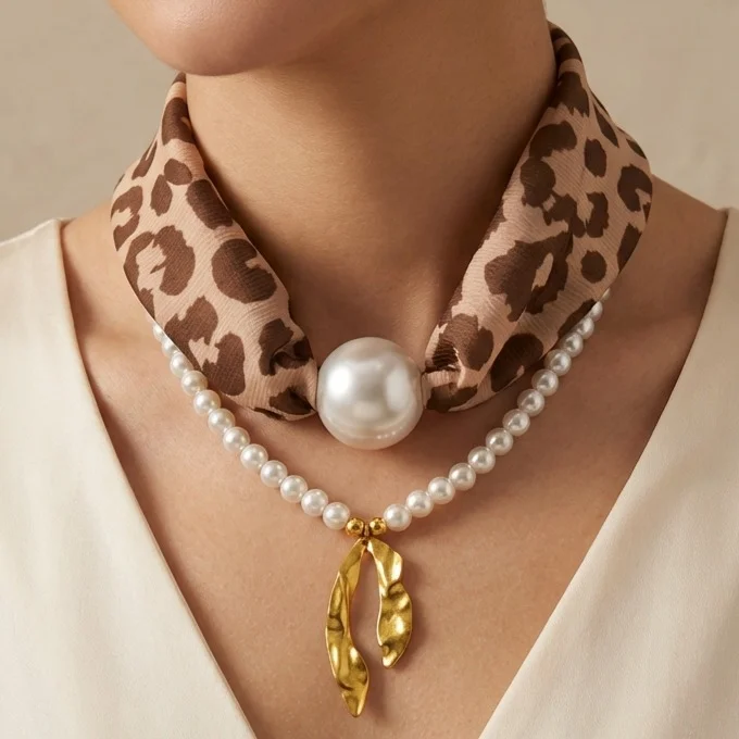 گردنبند زنانه مدل لئوپِرلا طرح مروارید لوکس با آویز طلایی و پارچه پلنگی