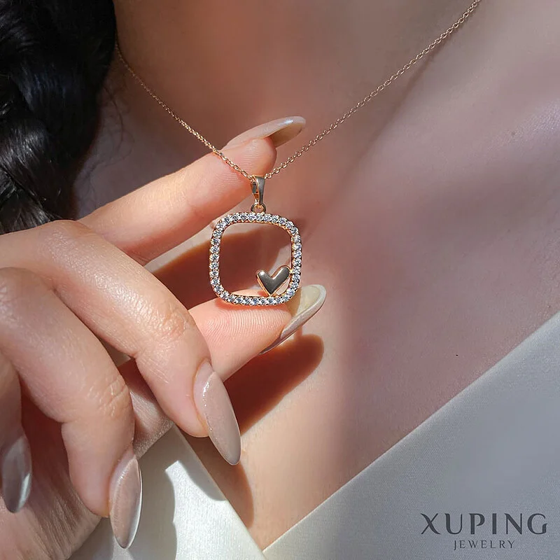 گردنبند پلاک قلب نگین دار طرح مربع ژوپینگ