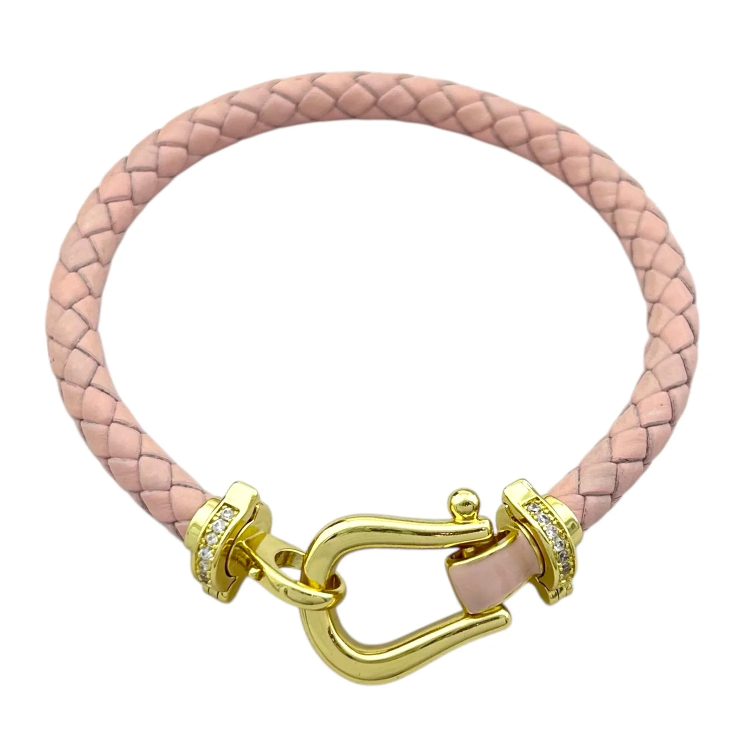 دستبند زنانه بافت چرمی صورتی مدل امگا شیک