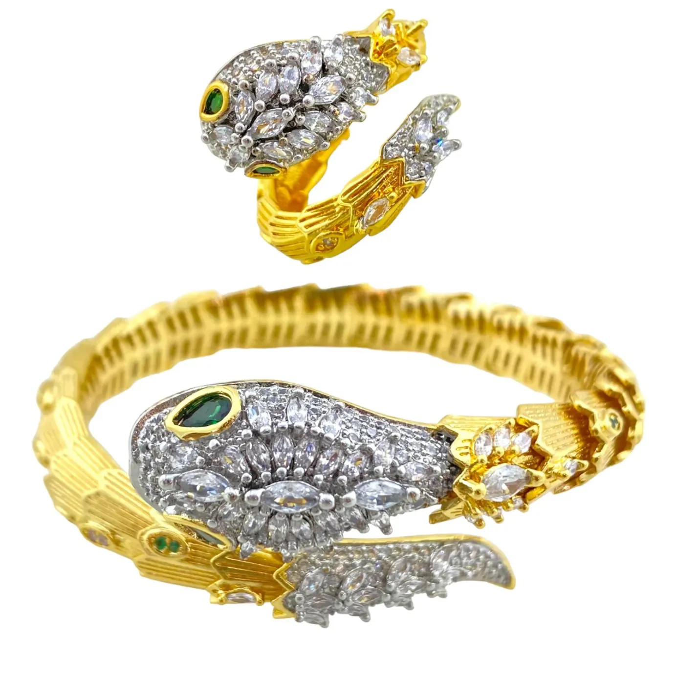 نیم ست دستبند و انگشتر زنانه طرح مار با نگین های زیرکونیا و رنگ طلایی