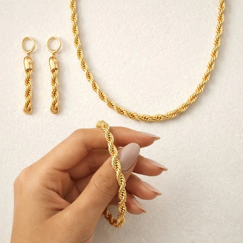 نیم‌ست زنانه مدل آئورلیا طرح طلا بافت طنابی (گردنبند، دستبند و گوشواره آویز)