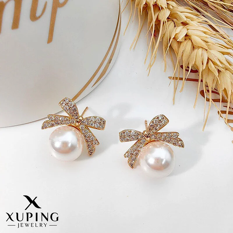 گوشواره مروارید پاپیونی درشت با روکش طلا ژوپینگ