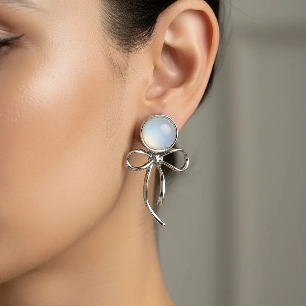 گوشواره زنانه مدل نرینا طرح طلا با نگین صدفی و آویز پاپیون