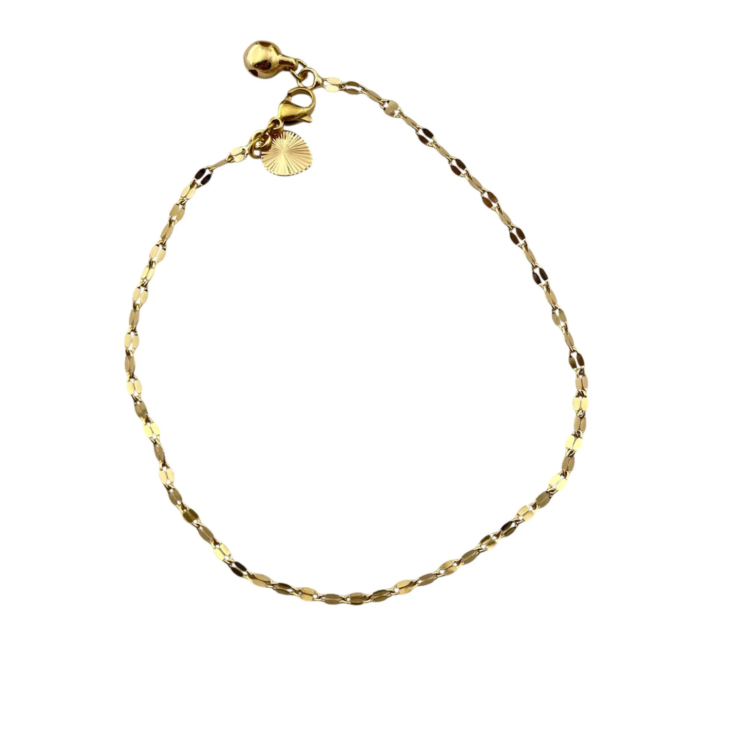 پابند زنجیری ظریف با آویز دایره‌ای کوچک طلایی رنگ