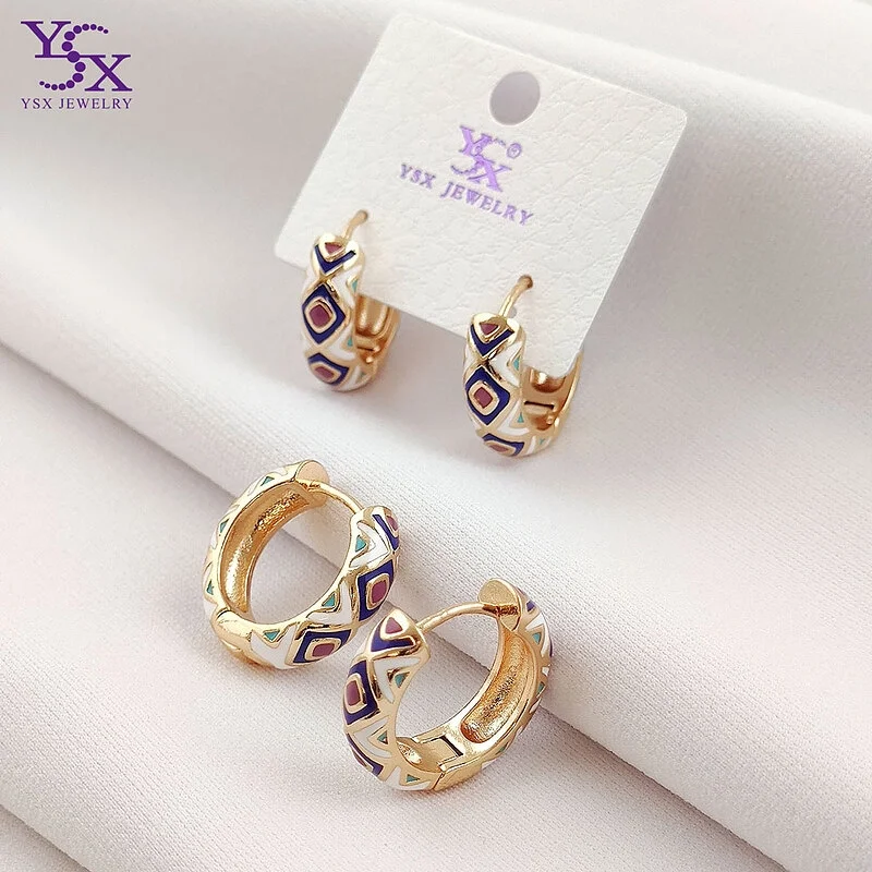 گوشواره حلقه ای میناکاری طرح الماس با روکش طلا برند YSX