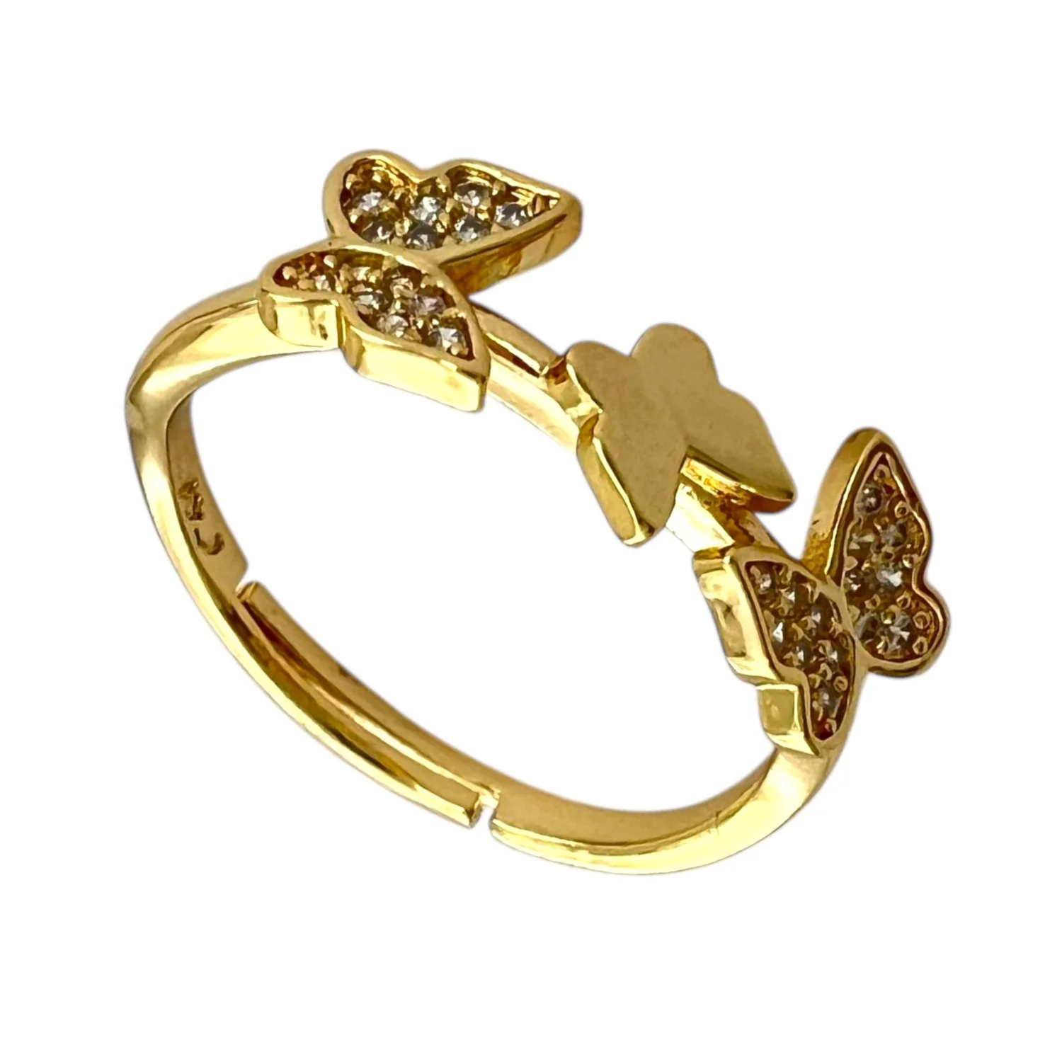 انگشتر زنانه طرح پروانه با نگین‌های ظریف و رنگ طلایی