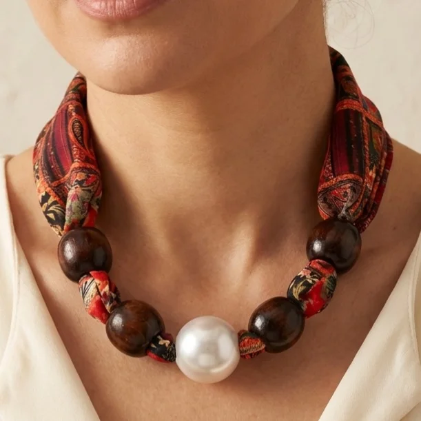 گردنبند زنانه مدل ناتورا اورینت پرلا  بافت پارچه‌ای طرح‌دار با مهره چوبی طبیعی و مروارید درشت