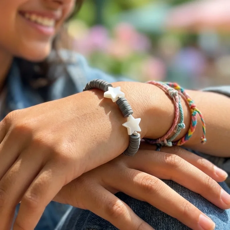 دستبند دخترانه فانتزی مدل صدفی طرح مهتاب خاکستری