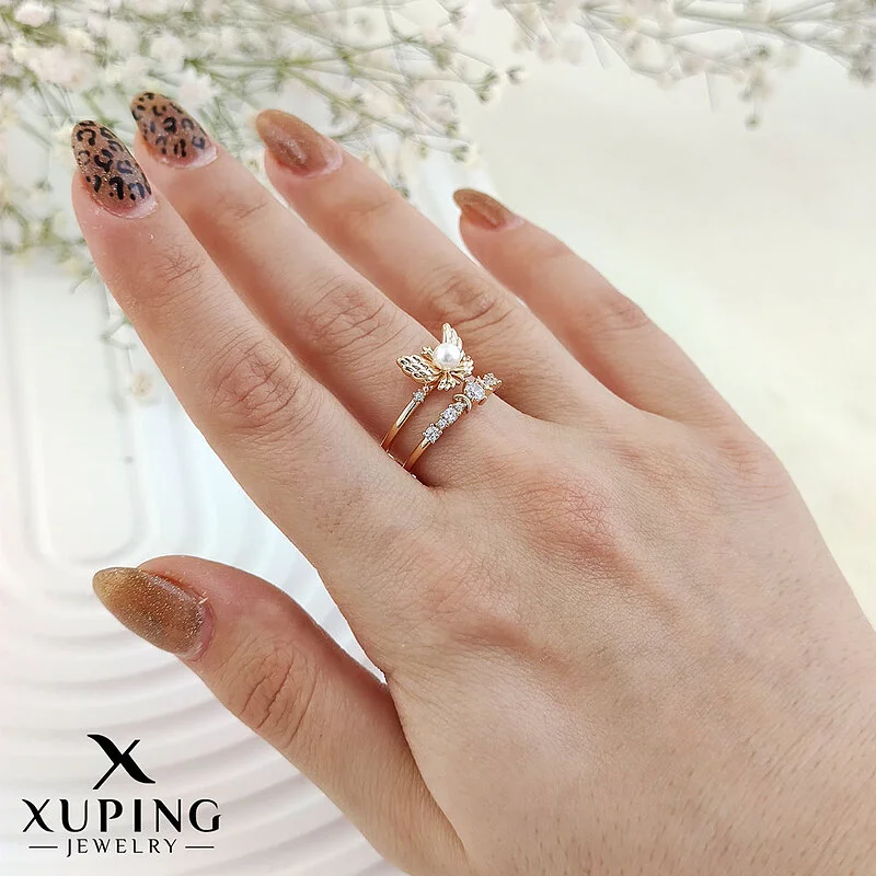 انگشتر پروانه و مروارید مدل دو لاین نگین دار ژوپینگ