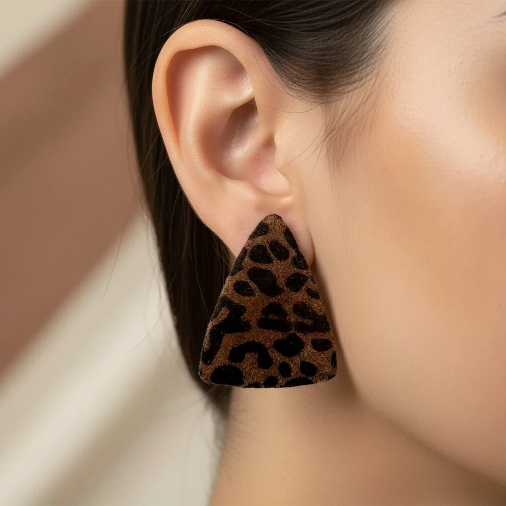 گوشواره زنانه مدل پانترا تریا طرح پلنگی سه‌گوش با بافت مخملی