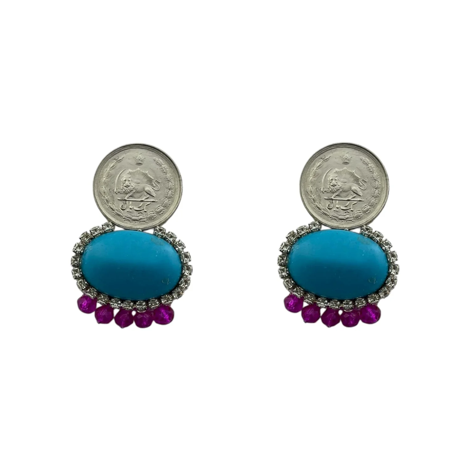 گوشواره زنانه طرح سکه با نگین فیروزه‌ای، استایلی خاص