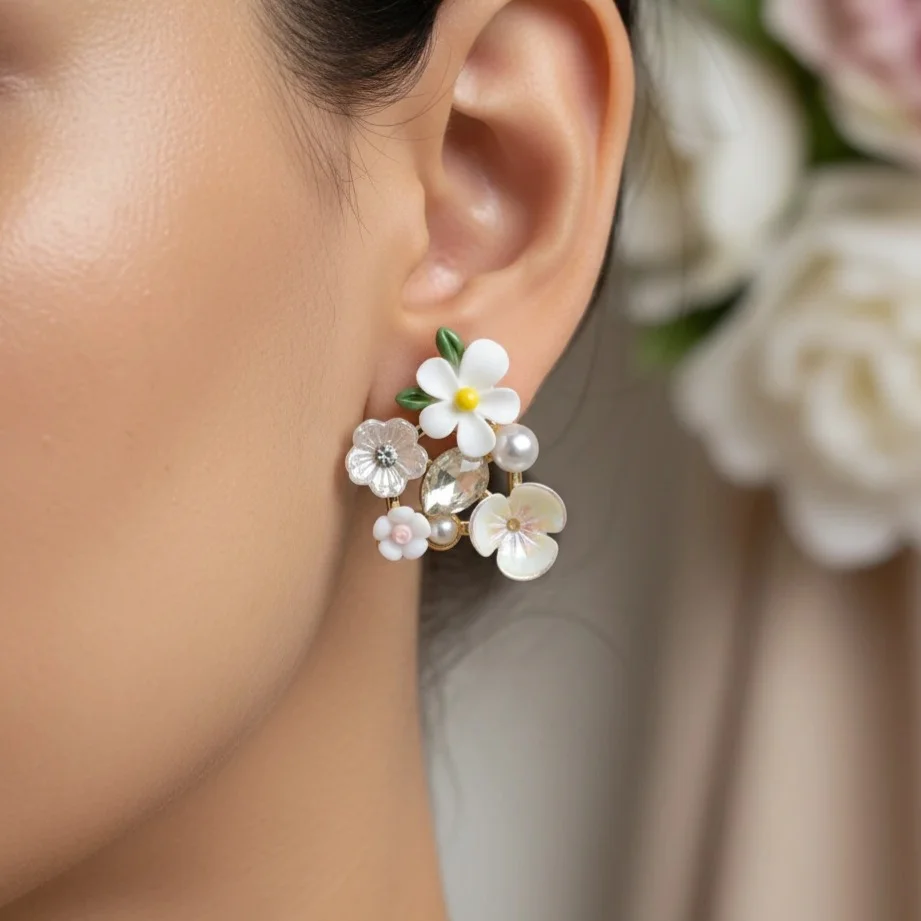 گوشواره زنانه مدل نوبهار طرح گل چندرنگ با نگین و مروارید تزئینی