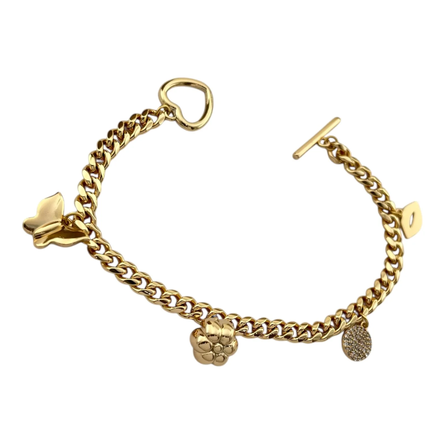 دستبند زنانه زنجیری طرح کارتیه با آویز پروانه و گل