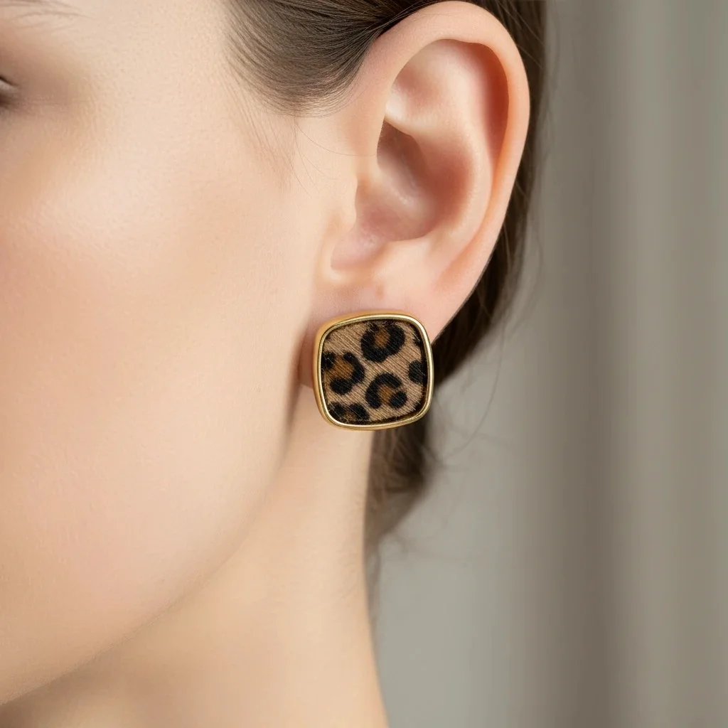 گوشواره زنانه مدل پانترا ولوت طرح پلنگی مربعی با بافت مخملی و فریم طلایی