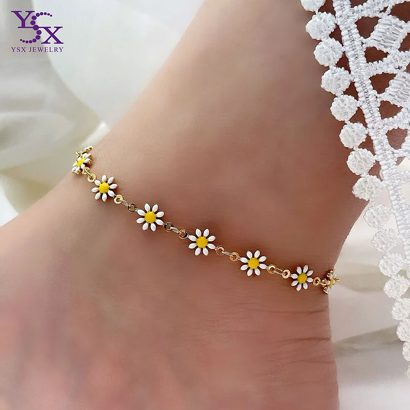 پابند زنجیری طرح بابونه رنگی با روکش طلا برند YSX