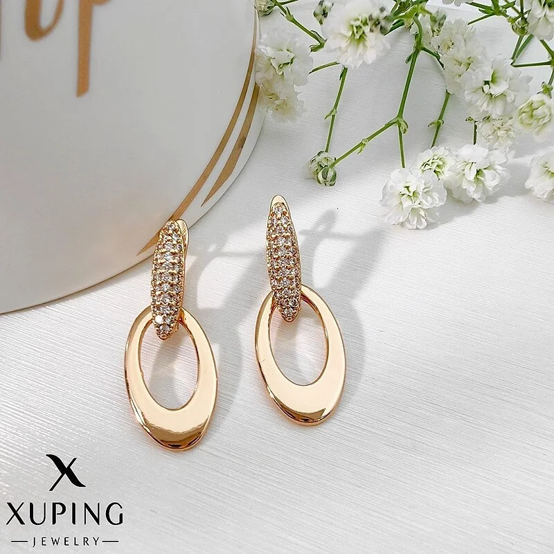گوشواره آویز نگین‌دار مدل بیضی با روکش طلای ژوپینگ