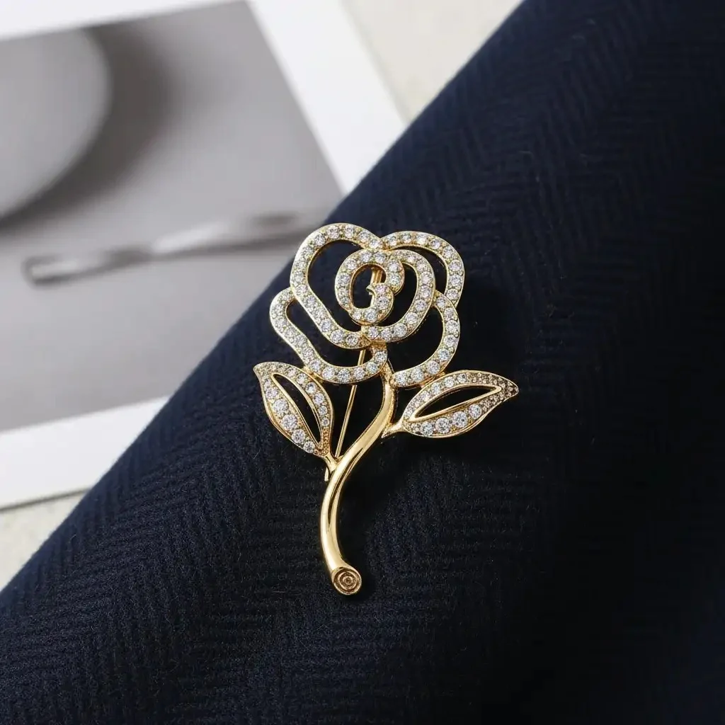 سنجاق سینه ژوپینگ مدل فلورین طرح گل نگین‌دار طلایی