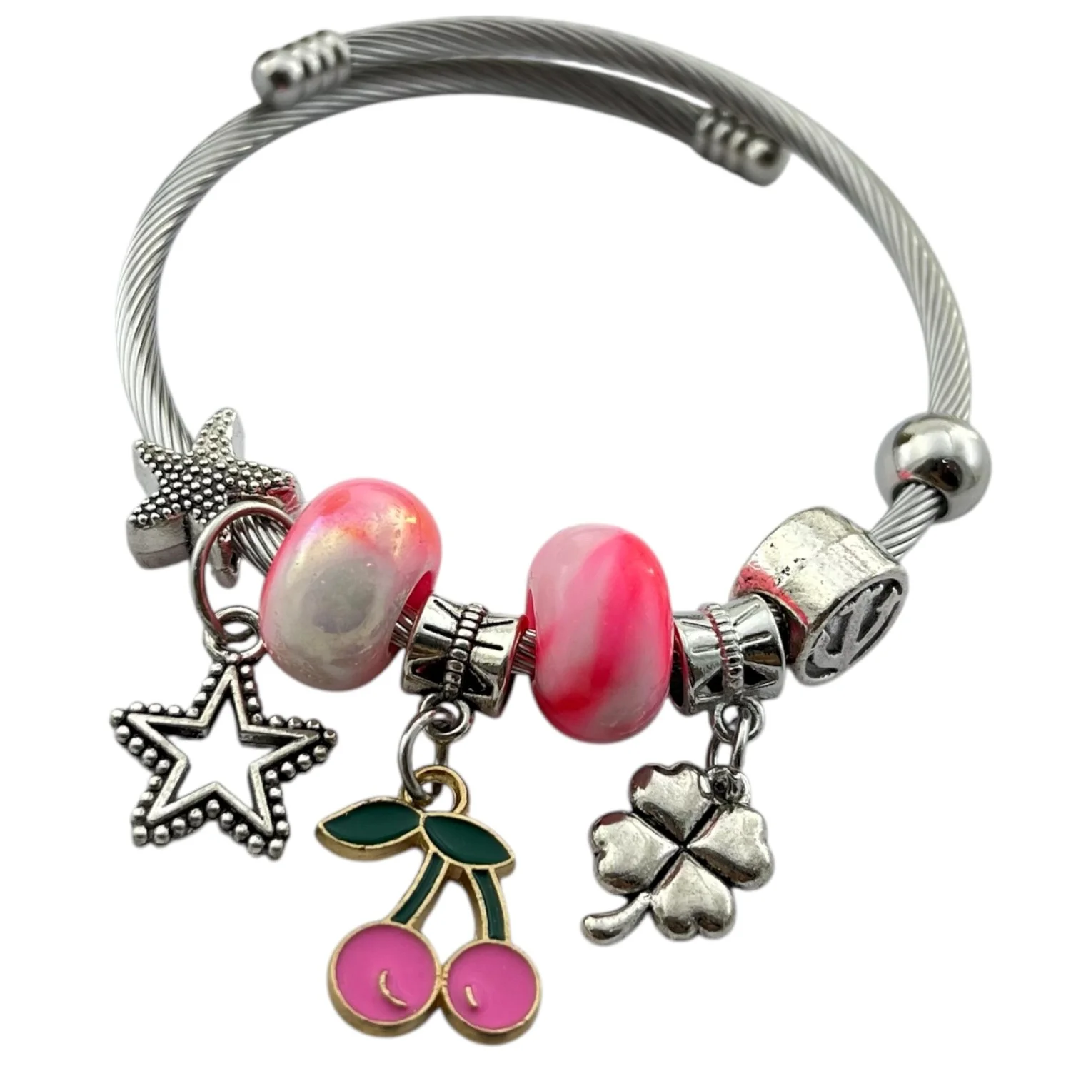 دستبند زنانه مدل پاندورا طرح آلبالو و ستاره