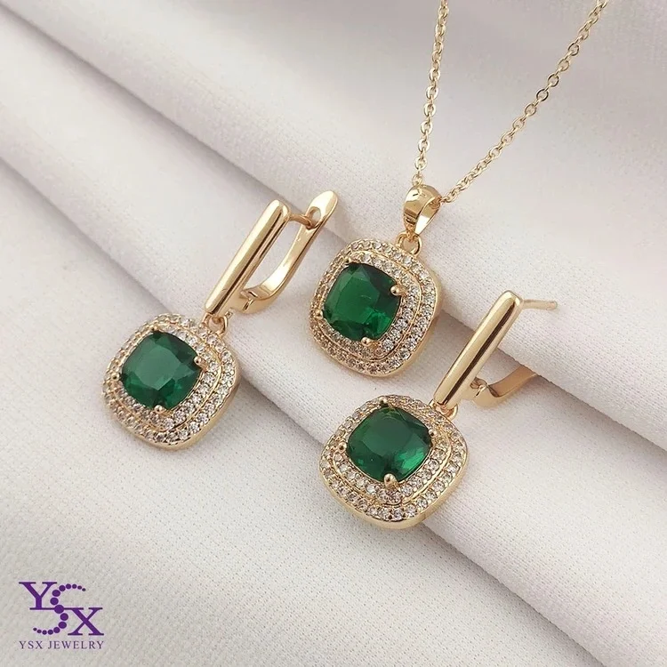 نیمست گوشواره و گردنبند زنانه جواهری طرح زمردی ساحره برند YSX