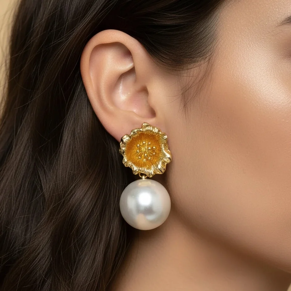 گوشواره زنانه مدل زرگل آویز مروارید با طرح گل طلایی