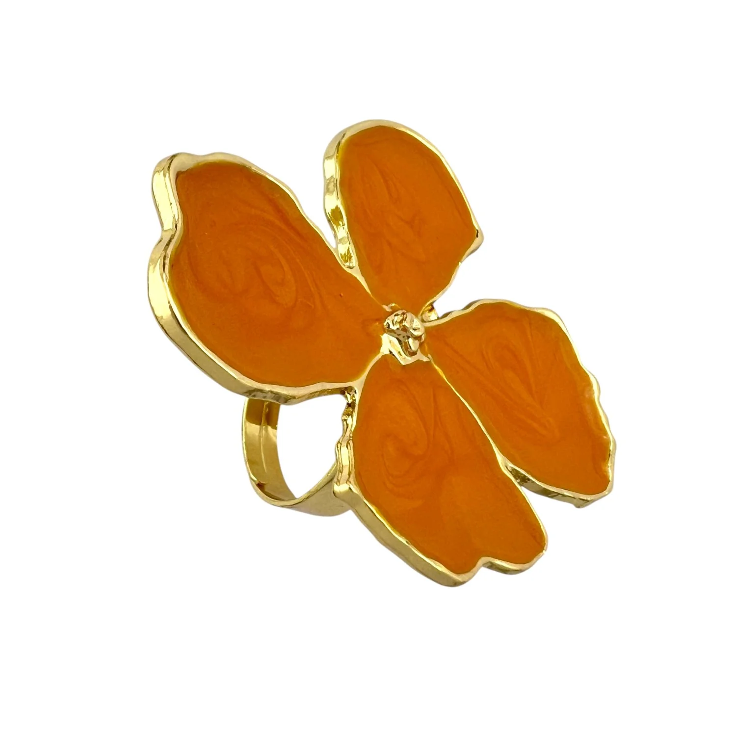 انگشتر زنانه با طرح گل میناکاری شده و رنگ نارنجی چشم نواز