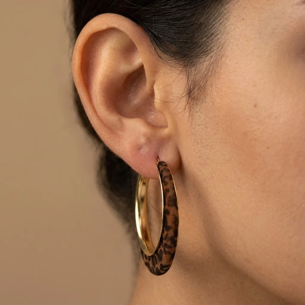 گوشواره زنانه مدل تایگرس طرح حلقه‌ای درشت پلنگی با فریم طلایی براق