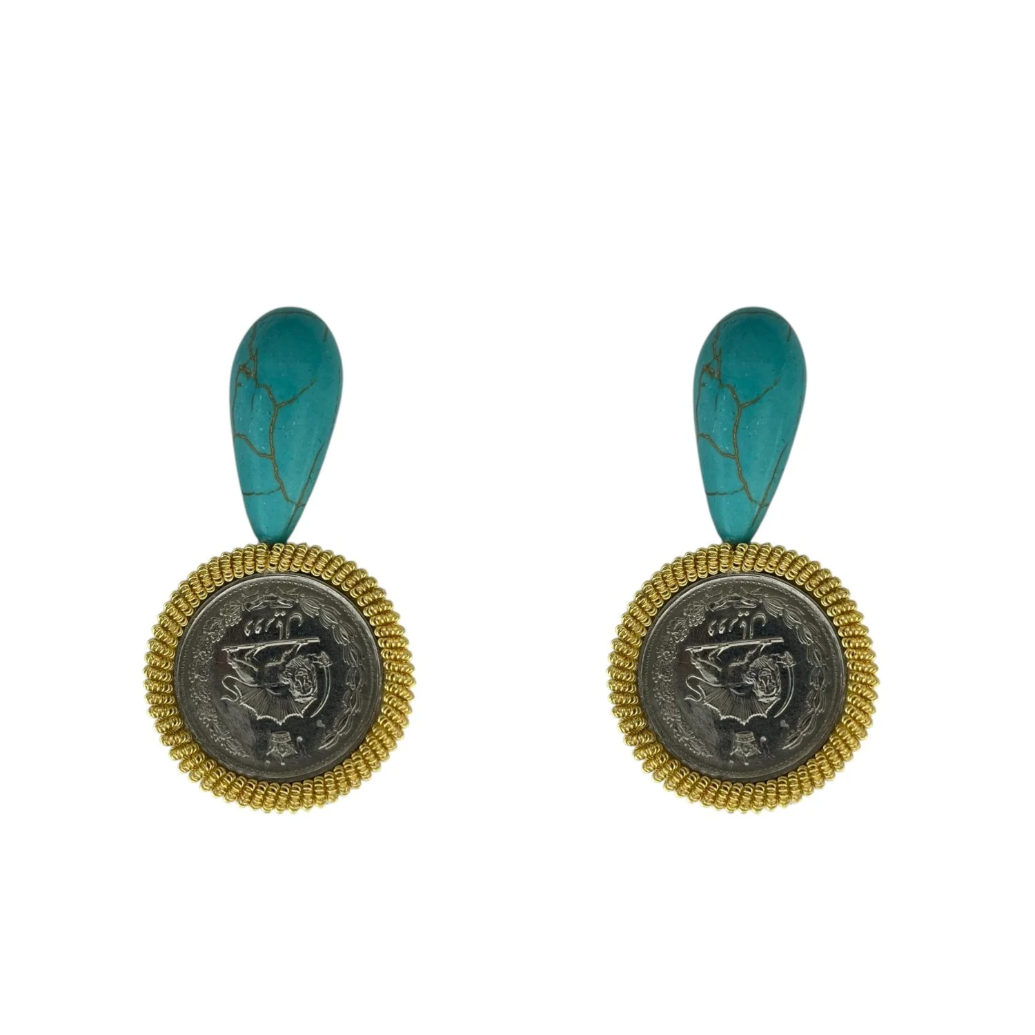 گوشواره زنانه طرح سکه با آویز فیروزه ای، استایلی خاص