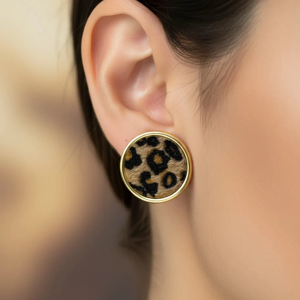 گوشواره زنانه مدل پانترا راند طرح پلنگی دایره‌ای با حاشیه طلایی