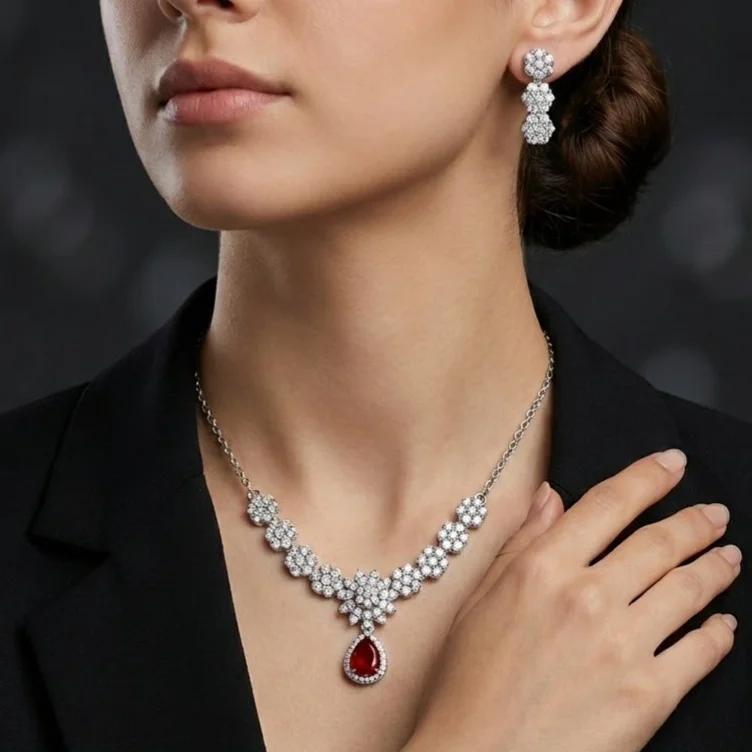 نیم ست جواهر نقرهای مدل برگالماس با نگینهای درخشان (گردنبند و گوشواره)